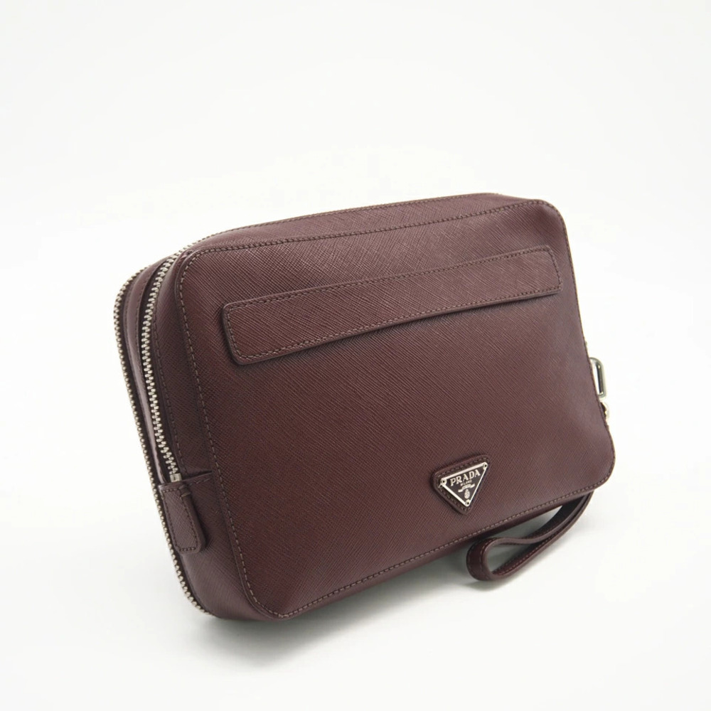 Prada Saffiano Double Zip Shoulder Bag Brown Leather